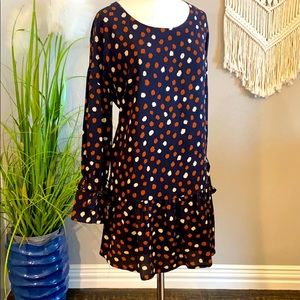 Navy blue dress with rust & cream dots
